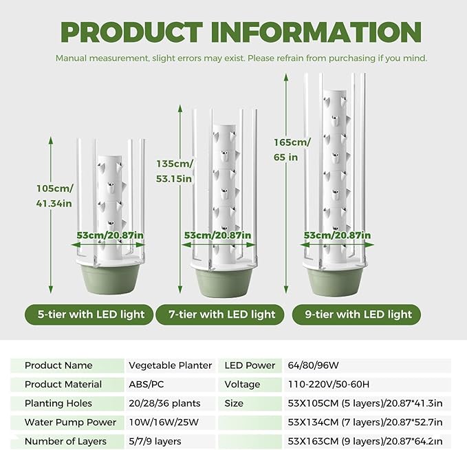 Vertical Hydroponic Tower Garden Growing System Auto Water Circulation 5Layer 20Pods 30L Tank Hydroponic Growing Kit for VegetablesFruits Green-IndoorWithLEDLight