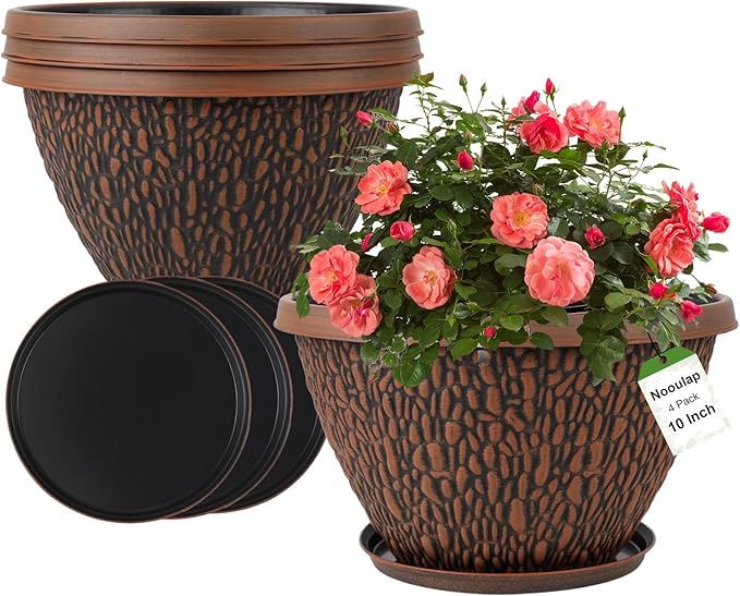 4 Pack Flower Pots Outdoor 10 Inch Plant Pot with Drainage Hole &amp Tray Thickened Plastic Planters for Indoor Outdoor Plants Lightweight Brown Decorative Garden Pot with Saucer