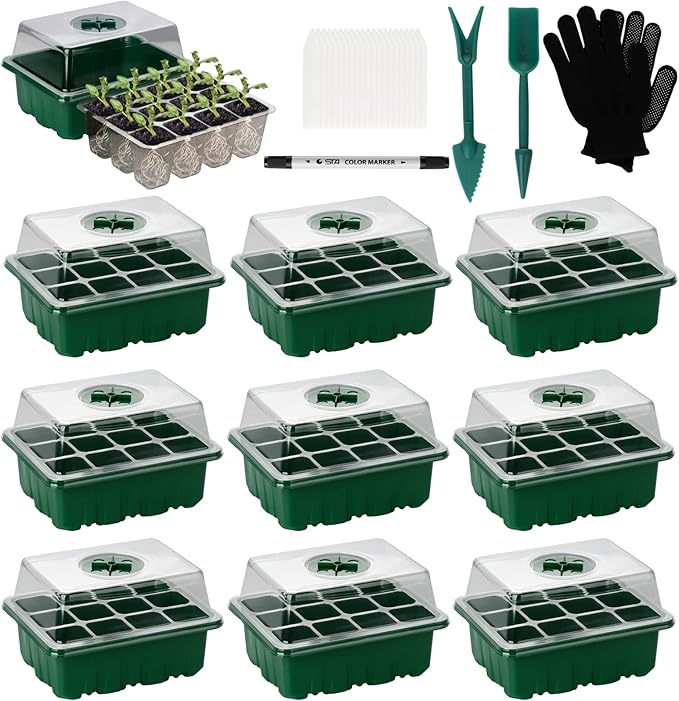 10 Pack Seed Starter Trays Seedling Tray 120 Cells Humidity Adjustable Seed Starter Kit with Dome &amp Base Greenhouse Germination Grow Trays Mini Propagator for Seeds Growing Starting