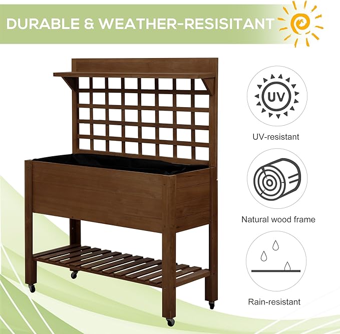 5ftx2ft Eco-Friendly Heavy-Duty Premium Durable Sustainable Natural Wooden Elevated Garden Bed with Wheels Trellis Storage Shelf Dark Brown
