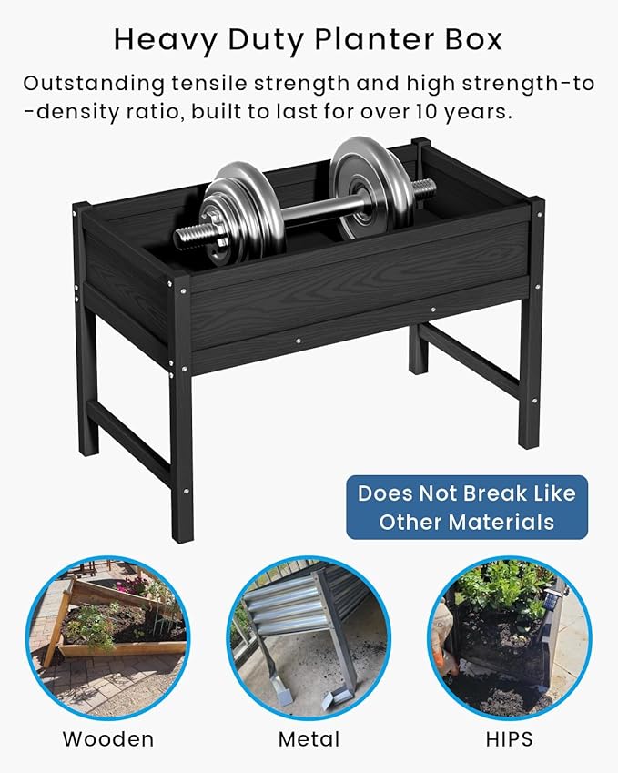 HDPE Raised Garden Bed with Legs Outdoor All-Weather Elevated Planter Box Raised Beds for Seeds Herb Flower Vegetable (Black)