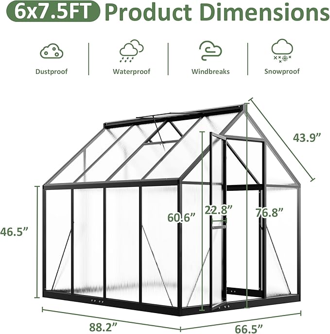 6×7.5 FT Outdoor Polycarbonate Greenhouse Quick Setup Heavy Duty Greenhouse for Outside with Roof Vent Large Walk in Green Houses with Lock for Garden Backyard Black
