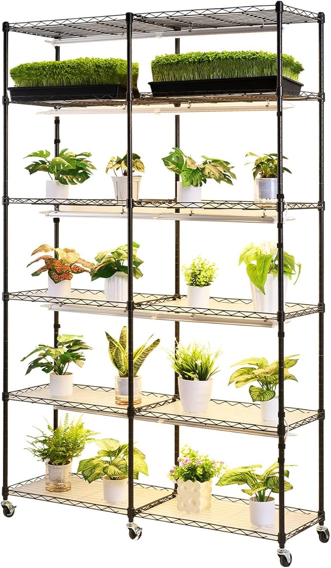 VEVOR Plant Shelf with Grow Light 6-Tier Double-Row Plant Stand 71in Tall Indoor Plants Display Rack with Wheels &amp Timer 200W Full Spectrum Grow Lights Metal Flower Pot Holder for Seed Startin