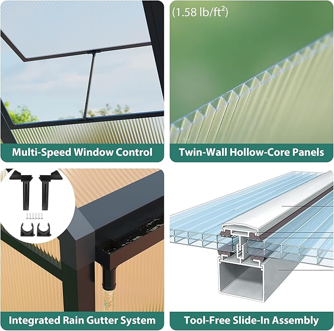 6x8 FT Greenhouse Polycarbonate Walk-in Greenhouse for Outdoors with Roof Vent &amp Lockable Smooth-Gliding Sliding Door Heavy-Duty Aluminum Green House for Garden Backyard Patio Lawn Dark Grey