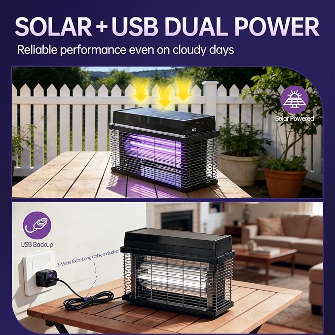 Solar Bug Zapper Outdoor 4000 SQ.FT Mosquito Zapper with Smart Rain Off Rechargeable Mosquito Killer Lamp Wireless Solar Powered Fly Trap for Yard Patio RV Camping (Black)