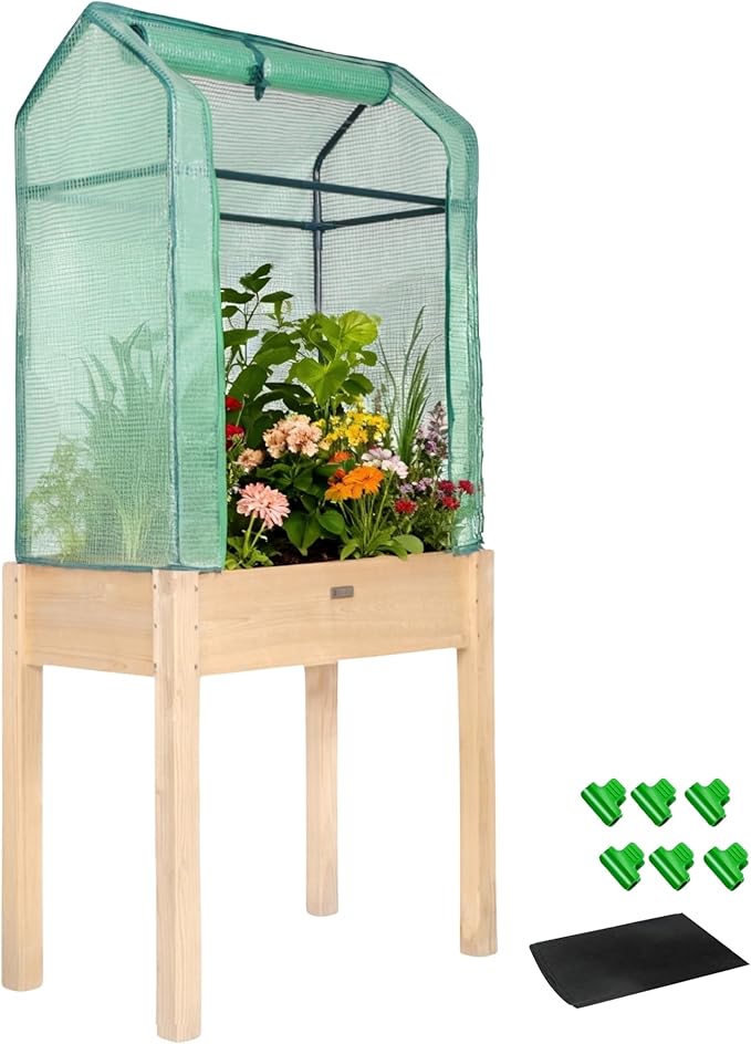 Raised Garden Bed with Greenhouse CoverElevated Wood Planter Box with Legs &amp Non-Woven Liner34 L x18 W x 66 H Indoor Outdoor Gardening Bed for Vegetables Herbs Flowers