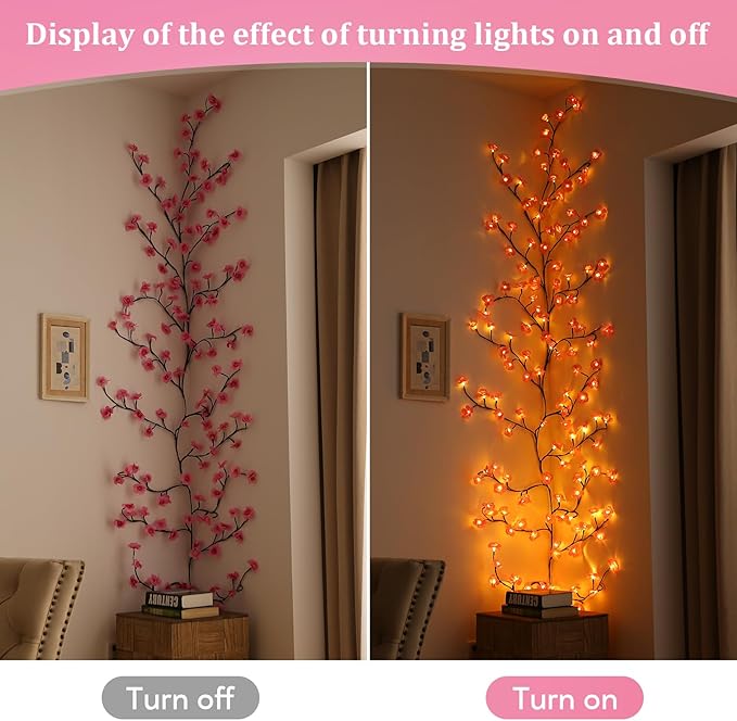 Cherry Blossom Lights with Remote 7.5 Ft 144 Flowers Enchanted Willow Vine Lights 18 Branches 144 LEDs Lighted Willow Vine Tree Lights for Walls Bedroom Home Room Decor Brown Branch