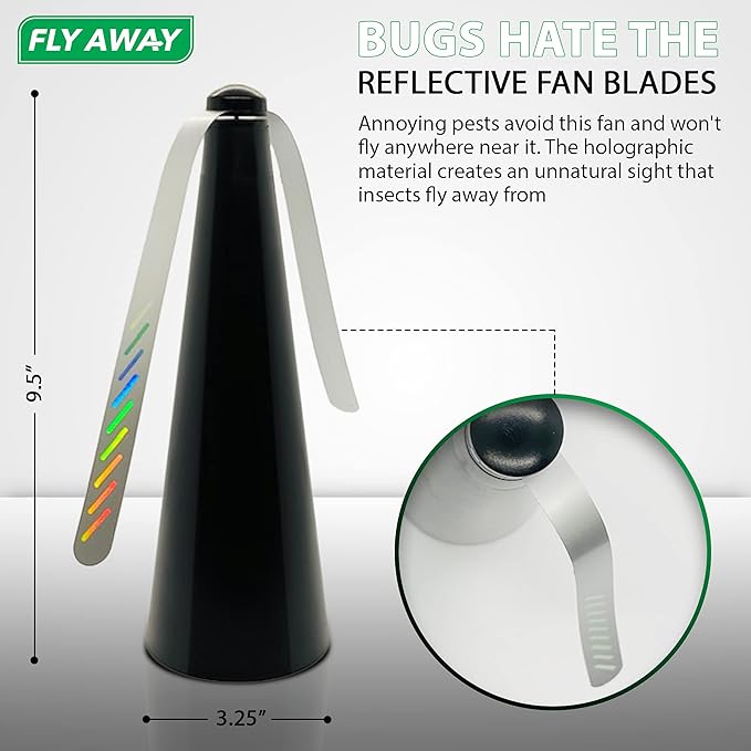 Fly Away - 3 Pack Outdoor Fly Repellent Fan Outside or Inside Table use Restaurant Barbeque Events Deter Flies Wasps Bees Other Moscas and Bugs Away Battery Operated Tabletop Hanging Hook.