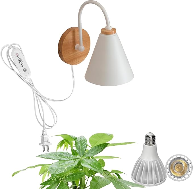 Hook Type Wall Mounted Plant Light for Indoor Growing Full Spectrum White Light 6000K 25W White Plug in Cord Timing Wall Light for Plants Flowers
