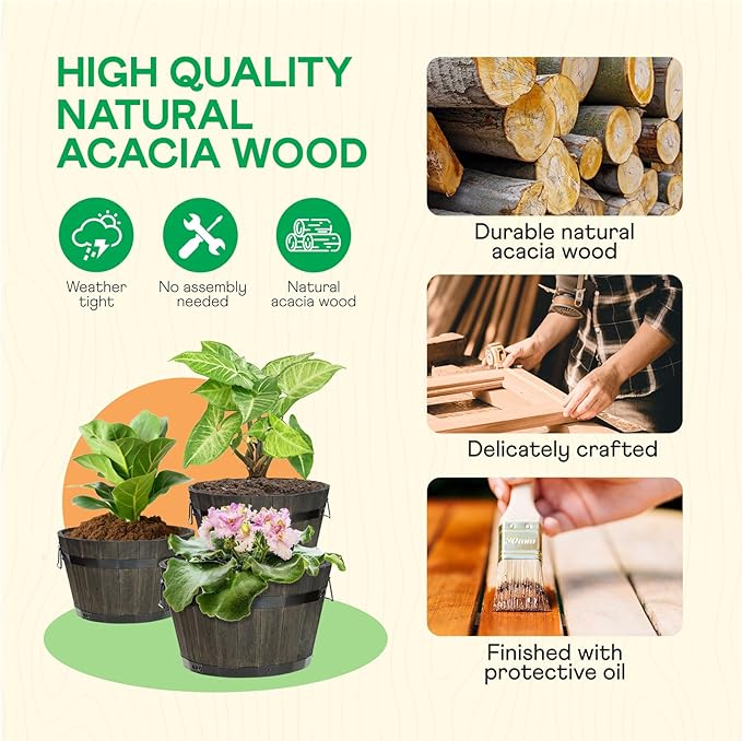 Idzo Set of 3 Wooden Flower Planters for Outdoor Plants Acacia Wood Barrel Planters Ergonomic Handles Drainage Holes Various Sizes Black