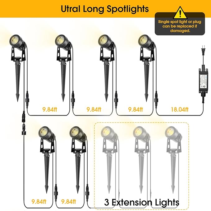 Outdoor Landscape Lighting LED Spot Lights Kit for Garden Yard House Lawn Tree Flags Fence Use Warm White 2700k-3300k IP67 Waterproof &amp Connectable - 6 Pack