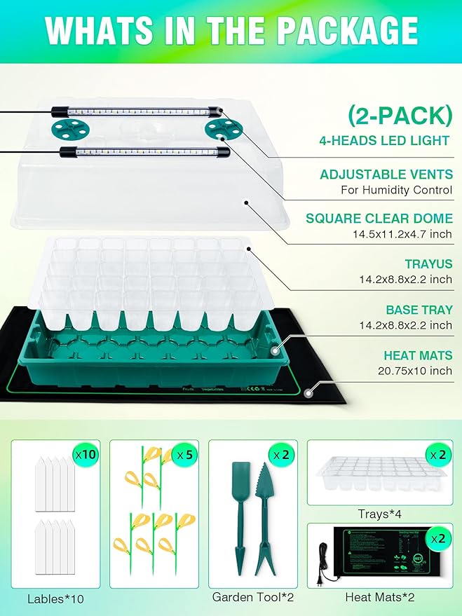 Seed Starter Tray with Grow Lights and Heat Mat 3-in-1 Soil Meter 80-Cell Seed Growing Tray Germination &amp Plant Propagation Station for Indoor Plants 2-Pack