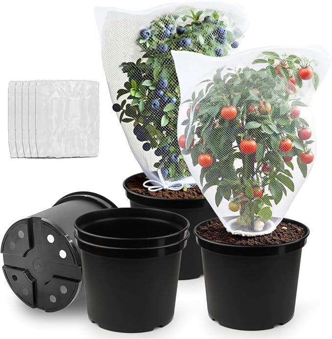 12-Inch Reusable Nursery Pots with Durable Bird Netting Covers for Outdoor/Indoor Plants 5-Gallon Garden Pots &amp Bird Netting for Garden Protection Bundle Gardening Gifts for Women (5-Pack)