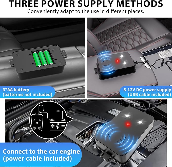 4 Pack Rodent Repellent for Car EnginesThree Power Supply ModesCar Rodent Repeller Ultrasonic Under Hood Flashing Light Covers a Wide Range Suitable for Cars Garages Warehouses