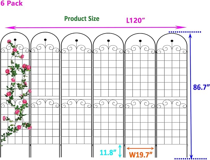 2 Pack Metal Garden Trellis 86.7 H Garden Fence Rustproof Trellis for Climbing Plants Support Roses Flower Outdoor Lawn Black 7.2 FT Tall