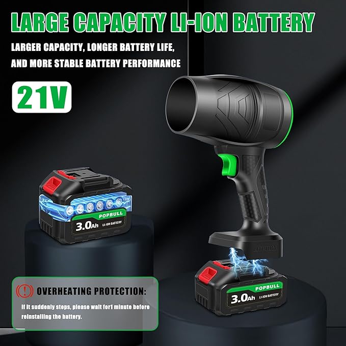 Leaf Blower 21V Cordless Blower with 2 x 3.0Ah Batteries and 1 Hour Fast Charger Lightweight Leaf Blower for Patio Cleaning Lawn Care Blowing Fallen Leaves and Dust etc.
