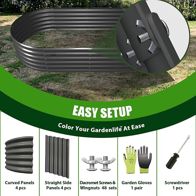 A ANLEOLIFE 2 Pcs 6X2X1.5 ft Oval Round Galvanized Raised Garden Beds Outdoor for Planting Vegetables Flowers Herb Quartz Grey