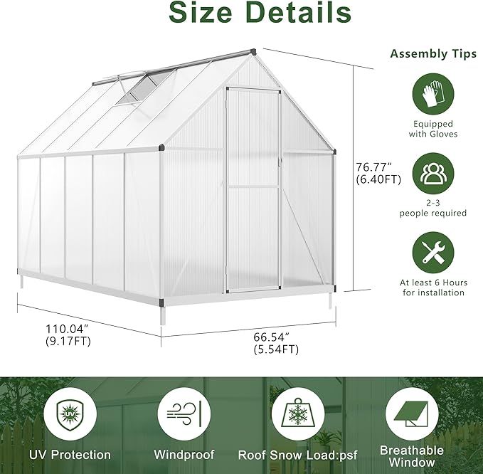 6’ x 9’ Greenhouse for Outdoors Windproof Robust Aluminum Walk-in Greenhouse with Roof Vent Window for Garden Backyards Plants Easy Assembly Silver