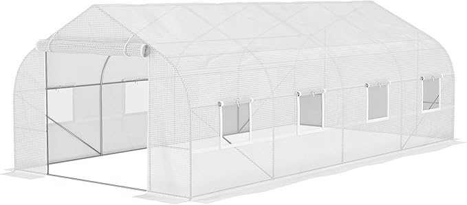 Outsunny 20' x 10' x 7' Walk-in Greenhouse Tunnel Green House with Galvanized Steel Frame Hoop House Kit with Zippered Door and 6 Windows White