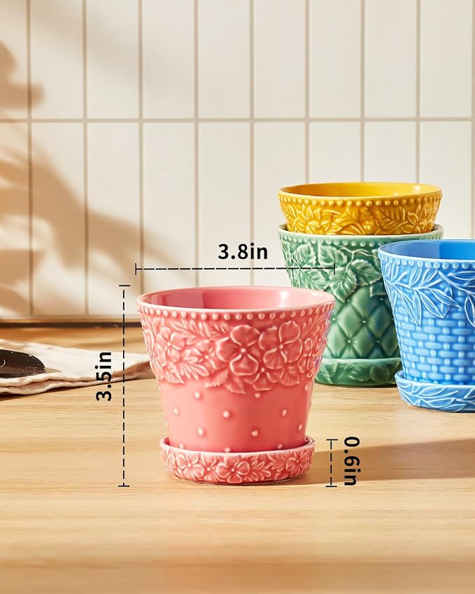 Succulent Ceramic Pots 3.8 Inch Small Plant Pots with Drainage Hole &amp Saucer Flower Planter Pot for House Plants Cacti Home Decor Set of 4 Assorted Colors