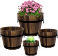 Adnee 4 Pack Wooden Whiskey Barrel Planters - 4 Sizes Wooden Bucket Barrel Garden Planters Set - Rustic Flower Planters Pots Container for Indoor Outdoor Garden Home Plants(4.76.17.19)