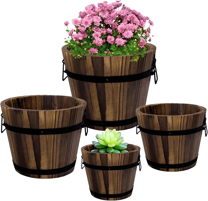 Adnee 4 Pack Wooden Whiskey Barrel Planters - 4 Sizes Wooden Bucket Barrel Garden Planters Set - Rustic Flower Planters Pots Container for Indoor Outdoor Garden Home Plants(4.76.17.19)