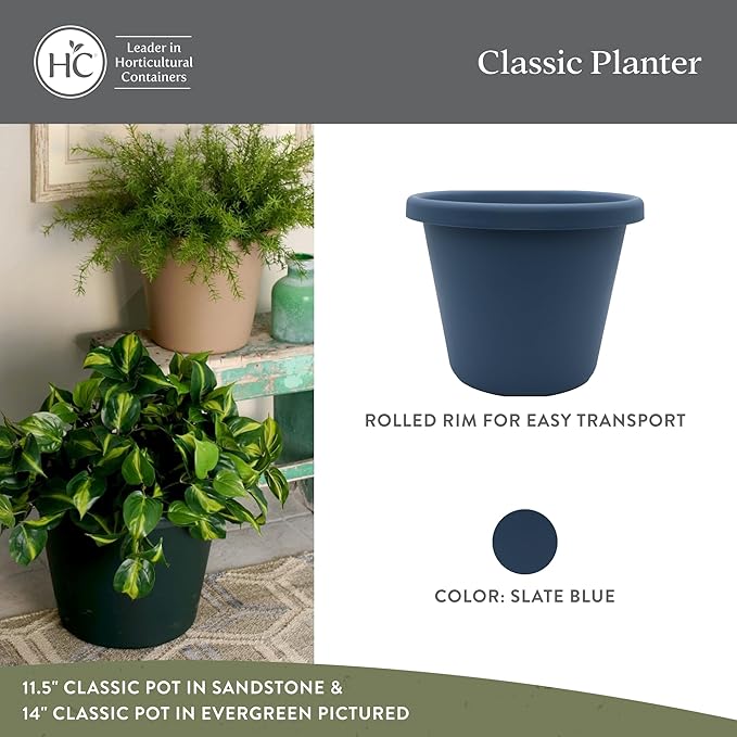 The HC Companies 8.5 inch Round Classic Planter - Plastic Plant Pot for Indoor Outdoor Plants Flowers Herbs Slate Blue (4 Pack)