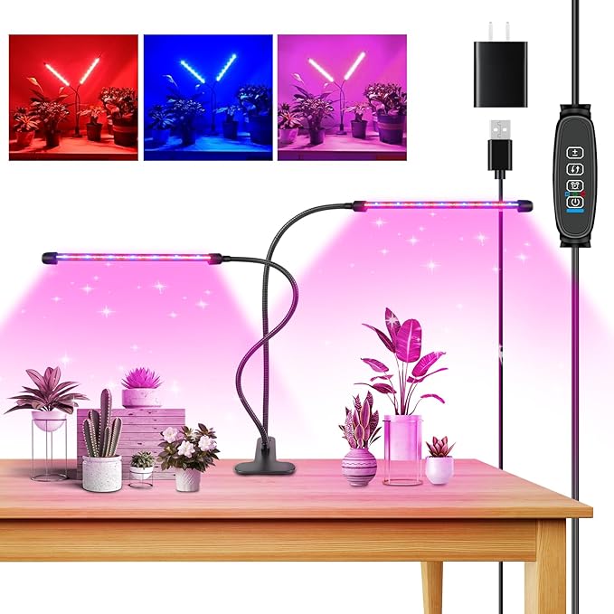 AUXTINGS LED Grow Lights for Indoor PlantsFull Spectrum 2 Heads Plant Growing Lamp with 3/6/9H Auto Timer 10 Dimmable Modes &amp 3 Light Settings Seed Starting Grow Lights for Indoor Gardening