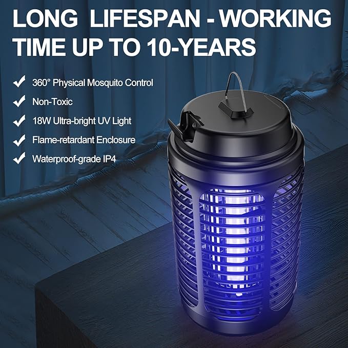 Bug Zapper Outdoor Mosquito Zapper Indoor with Dusk to Dawn Light Sensor 4000V Electric Fly Zapper Waterproof Mosquito Killer Fly Trap for Home Patio Kitchen Garden - 9.8 FT Length Cable