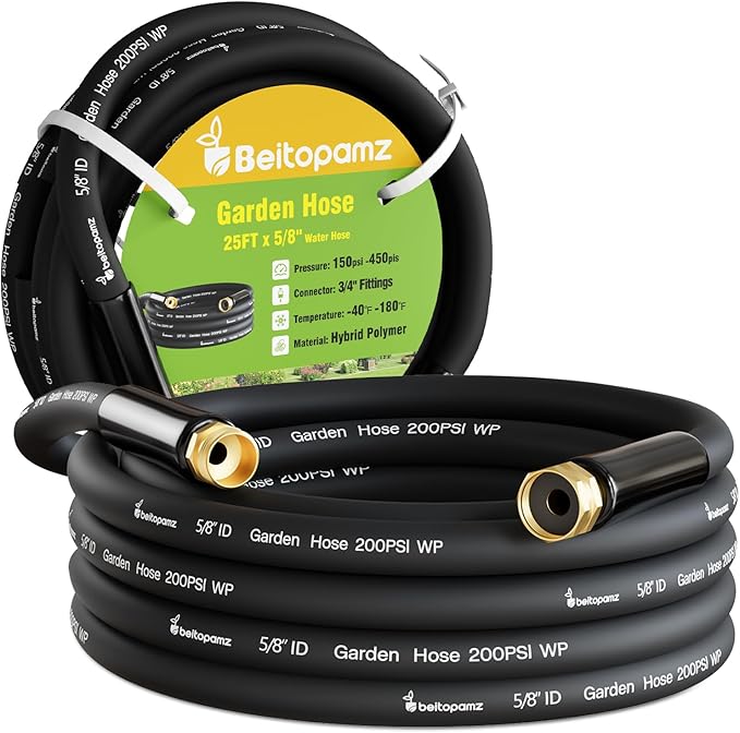 Garden Hose 25 ft x 5/8 in Heavy Duty Water Hose Flexible and Durable Lightweight Rubber Hybrid Hose Leak-Free Connections Male to Female 3/4'' Brass Fittings for Patio Lawn Black
