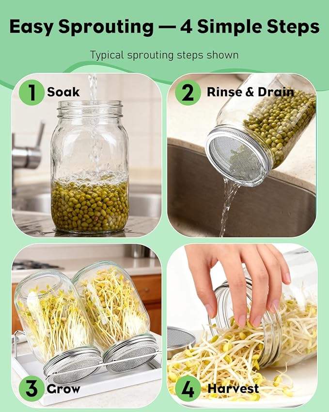Pawfly Sprouting Kit Wide Mouth 1 Quart (1000 mL) Mason Jars Sprouting Jar Kit with Stainless Steel Mesh Sprouting Lids Sprouts Growing Kit Seed Sprouter for Broccoli Mung Bean &amp Alfalfa