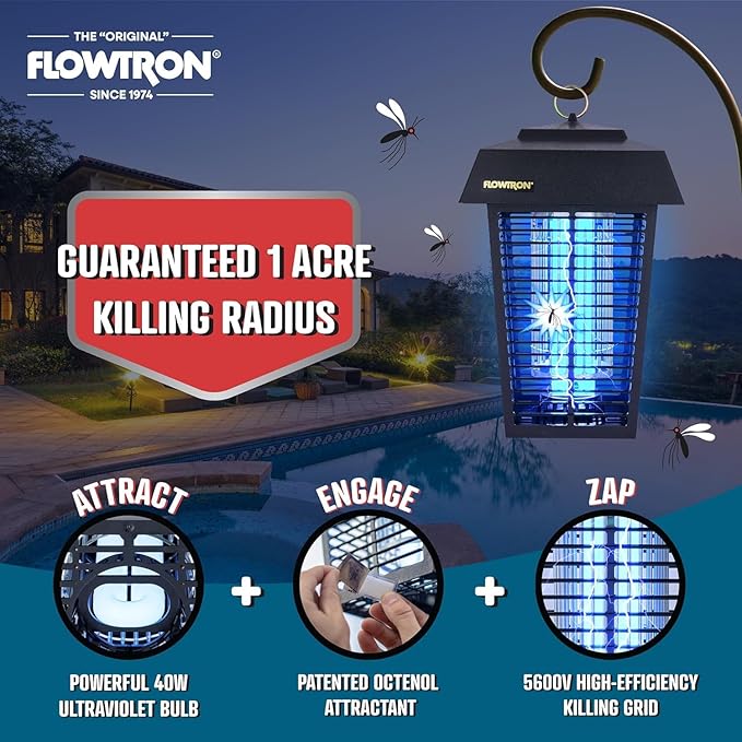 Flowtron Bug Zapper 1 Acre of Outdoor Coverage with Powerful 40W Bulb &amp 5600V Instant Killing Grid with Mounting Bracket &amp Mosquito Attractant Cartridge