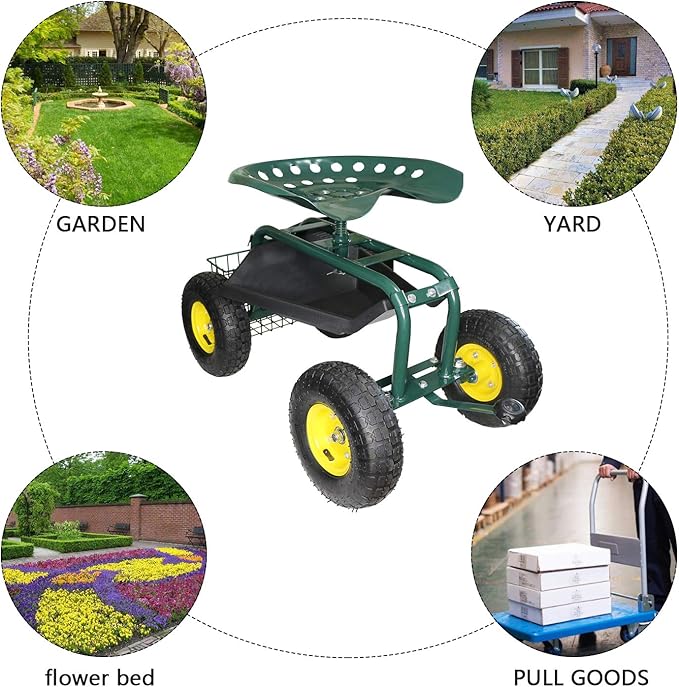 Garden Cart with Seat Rolling Garden Seat with steerable Front Wheels Tool Tray and Storage Basket NO Handle Garden Patio Wagon Scooter for Planting Indigo