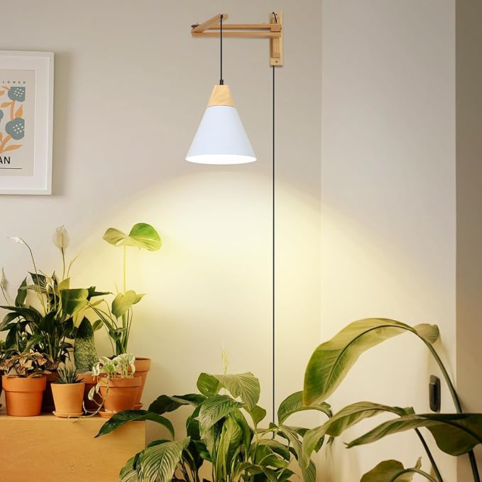 HMVPL Hanging Plant Light for Indoor Growing Full Spectrum Grow Lights for Indoor Plants with 20W COB Grow Light Bulb Wall Mounted Plant Light with Swing Arm 4/8/12H Timer for Large Small Plant