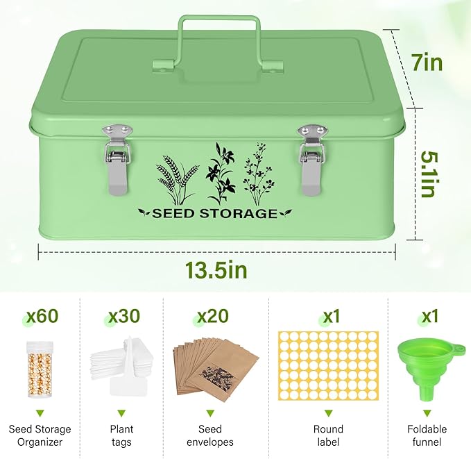 Seed Storage Box Organizer - Metal Garden Seed Storage Container Kit with 60 Vials 30 Plant Tags 20 Envelopes Funnel &amp Labels - Moisture-Proof Seed Bank for Long Term Storage