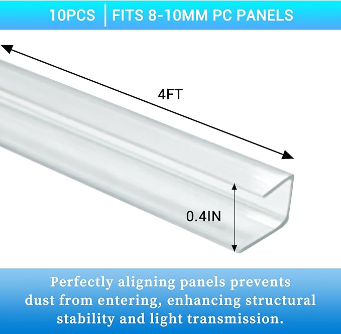 10 PCS Polycarbonate Greenhouse U Connector Profile 4ft Length Fits 0.32’’ &amp 0.4’’ Twin-Wall Polycarbonate Panels Duty Dust Rain &amp Moisture Protection Durabler (U-Clip 4' × 0.71’’ × 0.4’’)