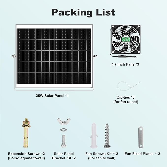 Solar Greenhouse Fan 3 Kit 30W Large Solar Powered Exhaust and Intake Fan Outdoor Waterproof Strong Airflow 16.5ft Cord for Chicken Coop Grow Tent Shed Air Ventilation and Circulation