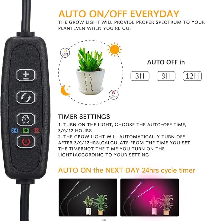 SEIWEI LED Plant Lamps Double Head Grow Light for Indoor Plant Full Spectrum LED Grow Lights with Timer Setting 3/9/12H Auto On&ampOff Flexible Gooseneck (2 Head)