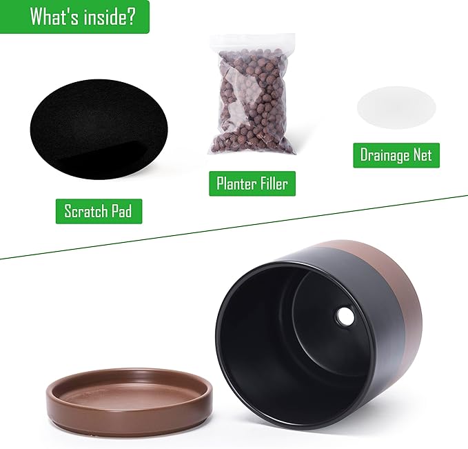 D'vine Dev 6.5 Inch Ceramic Planter Pot with Drainage Hole and Saucer Indoor Cylinder Round Planter Pot Black/Speckled Tan 94-O-C-7