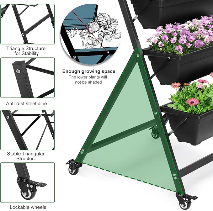 Vasitelan Vertical Raised Garden Bed 5 Tiers Vertical Raised Garden Planter Garden Raised Bed with 4 Wheels Vegetable Flower Planter Raised Stand for Garden Patio Yard Black