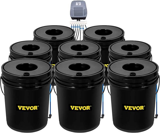 VEVOR DWC Hydroponic System 5 Gallon 8 Buckets Deep Water Culture Growing Bucket Hydroponics Grow Kit with Pump Air Stone and Water Level Device for Indoor/Outdoor Leafy Vegetables