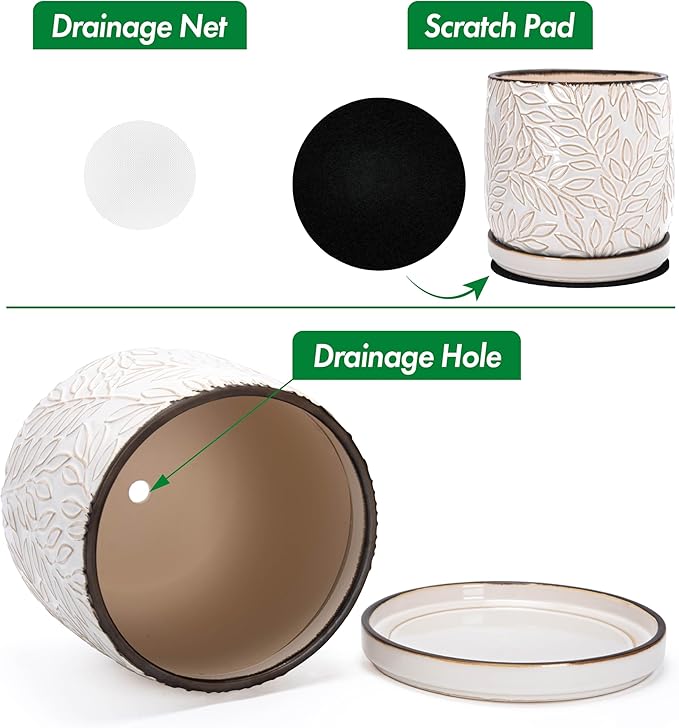 D'vine Dev 10 Inch Embossed Leaves Stoneware Planter Pot with Drainage Hole and Saucer Smoked White 27-A-P-1