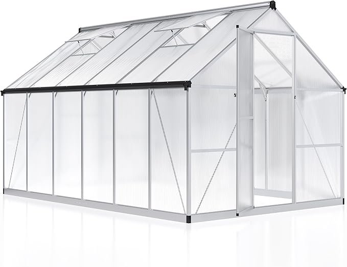 8×12 FT Walk-in Greenhouse for Outdoors Polycarbonate Greenhouse Kit with Roof Vent Large Heavy Duty Green Houses for Outside Backyard Patio Garden Sliver