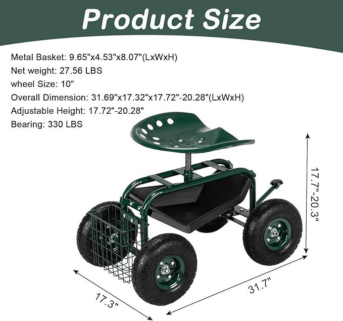 Steel Frame Garden Seat Cart with 360° Swivel Seat – 29.5x17.7x18.5 Adjustable Yard Cart with Tool Tray Pneumatic Tires &amp 330 lbs Capacity