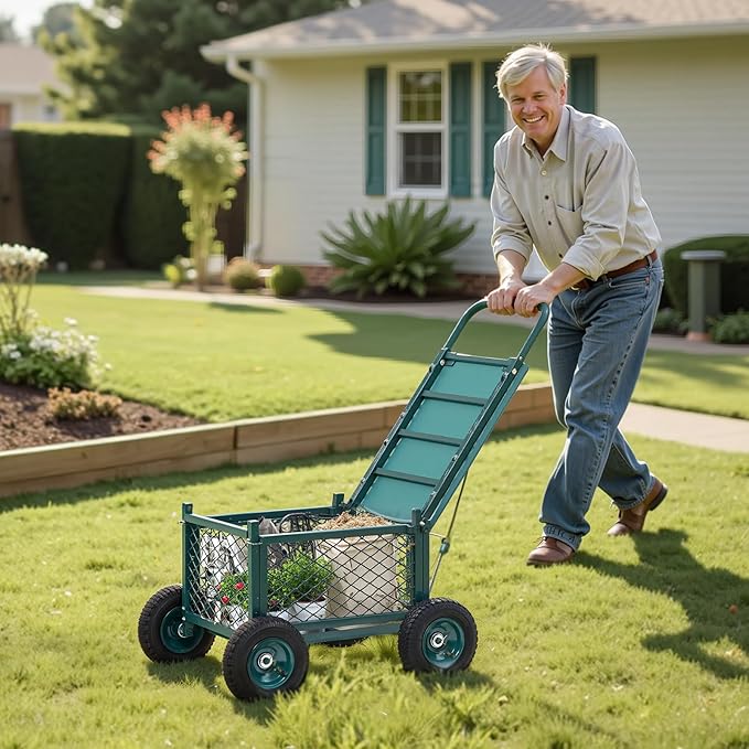 VEVOR Rolling Garden Cart with Seat Metal Rolling Garden Work Seat with Wheels Supports up to 400 LBS Heavy Duty Gardening Cart Scooter Outdoor Wagon &amp Stool on Wheels for Lawn Patio Backyar