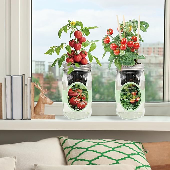 2-Pack Hydroponic Mason Jar Herb Garden Kit Indoor Herb Garden Self-Watering Starter Kit New Christmas Gift for Mom (Cherry TomatoRed Robin Tmato)