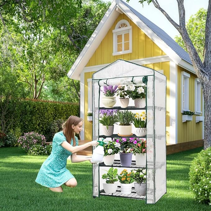 4-Tier Mini Greenhouse Green House for Flower Indoor Outdoor Portable Plant Outdoor Cage with Heavy Duty PVC Clear Cover &amp Steel FrameGreenhouse for Seed Starting MushroomVegetables