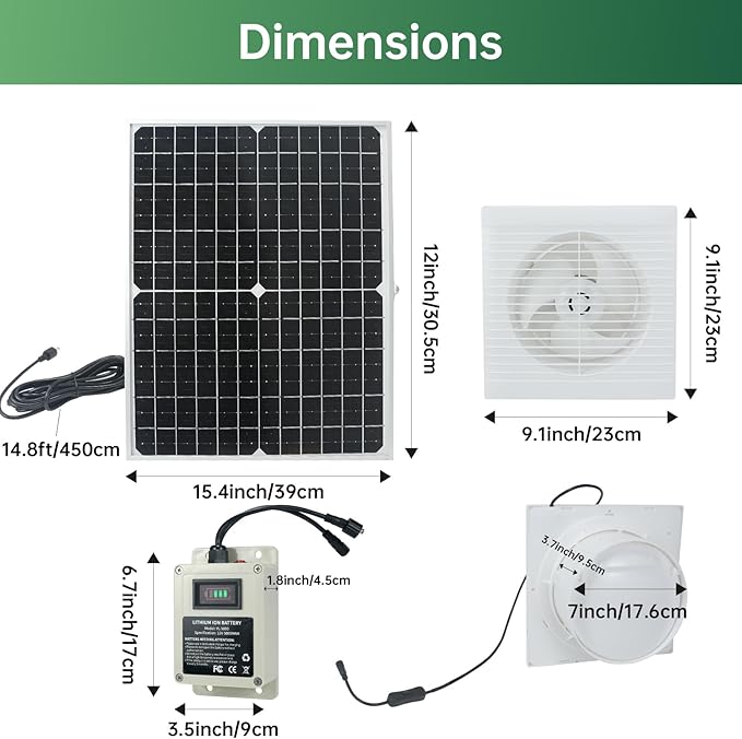 Solar Powered Exhaust Fan with Battery 25 W Waterproof Solar Panel 8 Inch Ventilation Vent Fan Solar Fan for Greenhouse Chicken CoopShed Garage Attic Barn Workshop14.8ft Cable5000mAh Battery