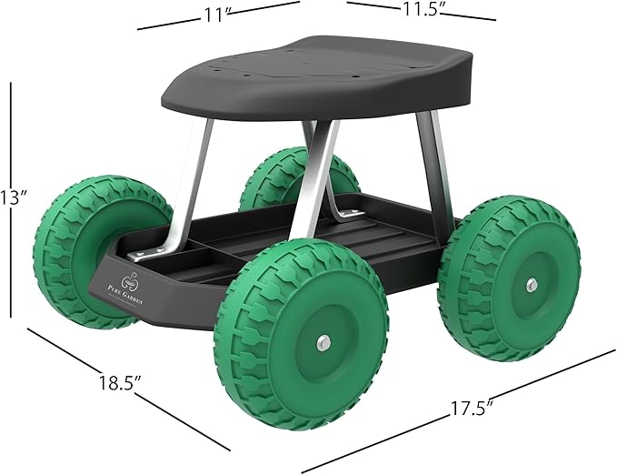 Pure Garden Rolling Garden Seat with Storage 200 lb Capacity Smooth Wheels Black and Green