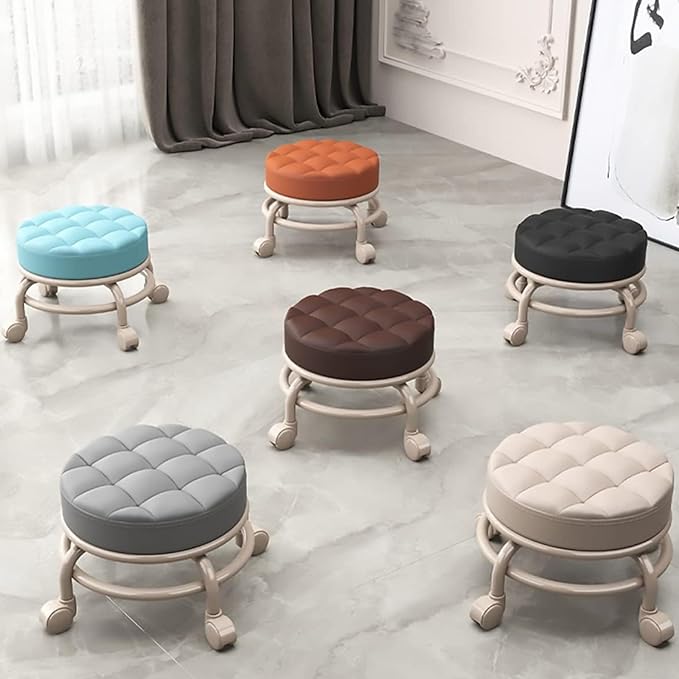 Low Rolling Stool with Wheels Foot Stools with Universal Swivel Caster Wheels Leather Small Stools for Garage Gardening(Orange One Size) (Orange One Size)